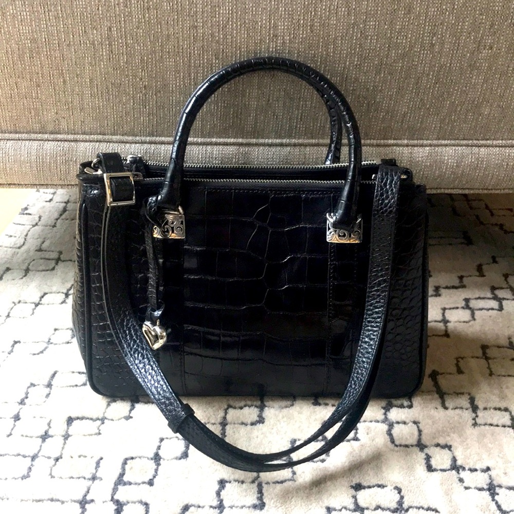 Brighton Black Satchel Italian Croco Removable Crossbody Strap. (Emerson)
